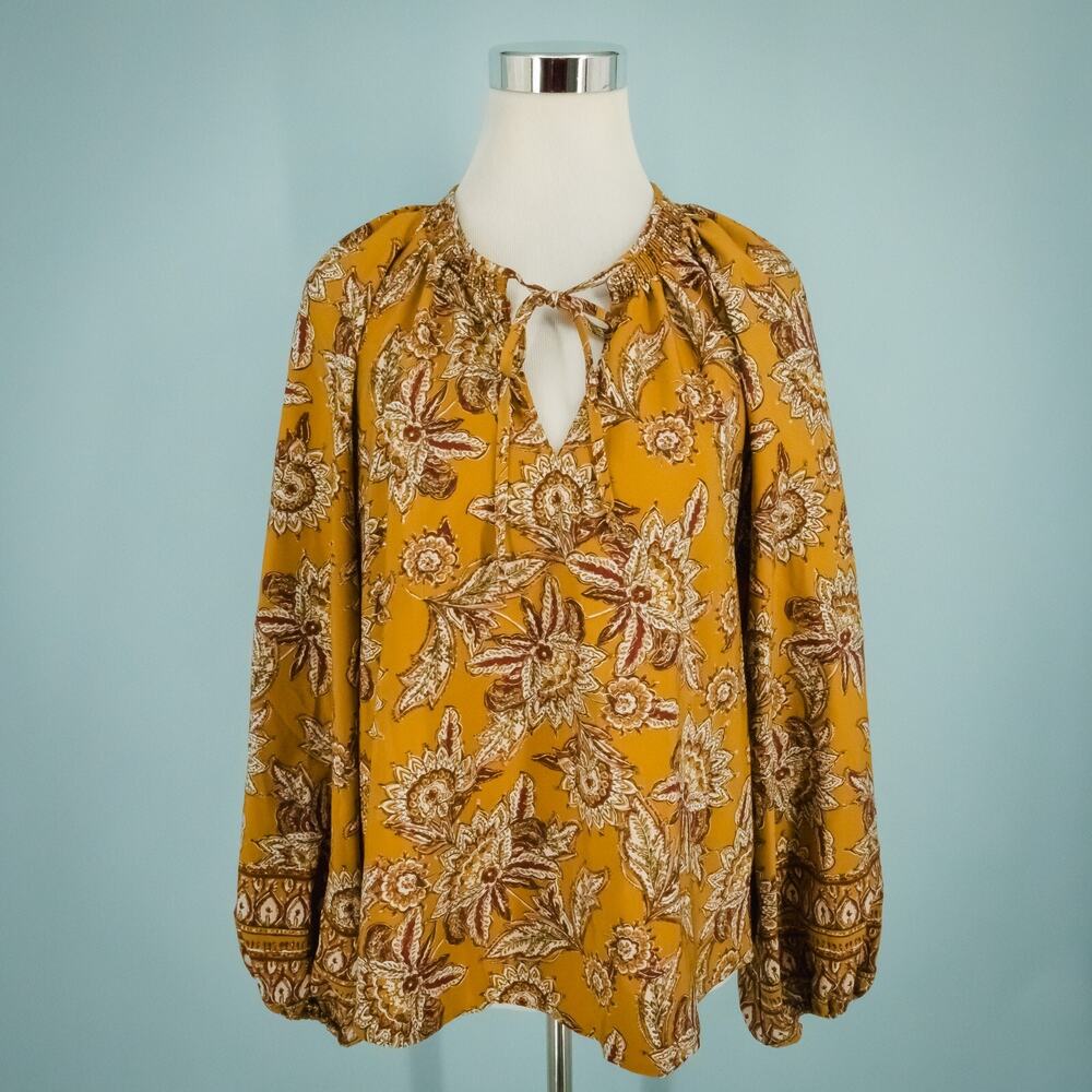 Evereve Size Large L Marigold Yellow Britta Border Floral Print Tie V Neck Top